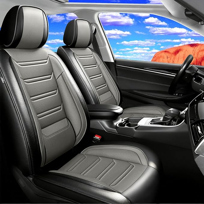 Fit Civic Car Seat Covers for Honda Civic 2020-2026 Sedan(Not for Coupe) - Premium Full Coverage Leather, Waterproof All Weather Breathable Seat Cushion Protector, Full Set, Black+Gray