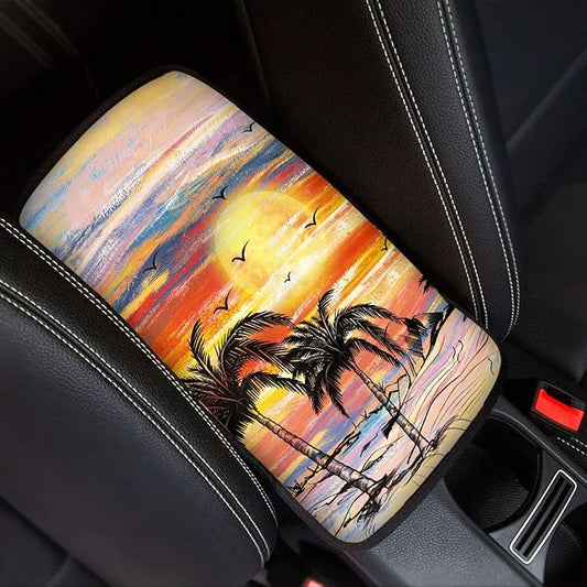 Dreaweet Sunset Palm Tree Car Armrest Cover Hawaiian Car Accessories for Women Interior,Universal Armrest Cover for Car Center Console
