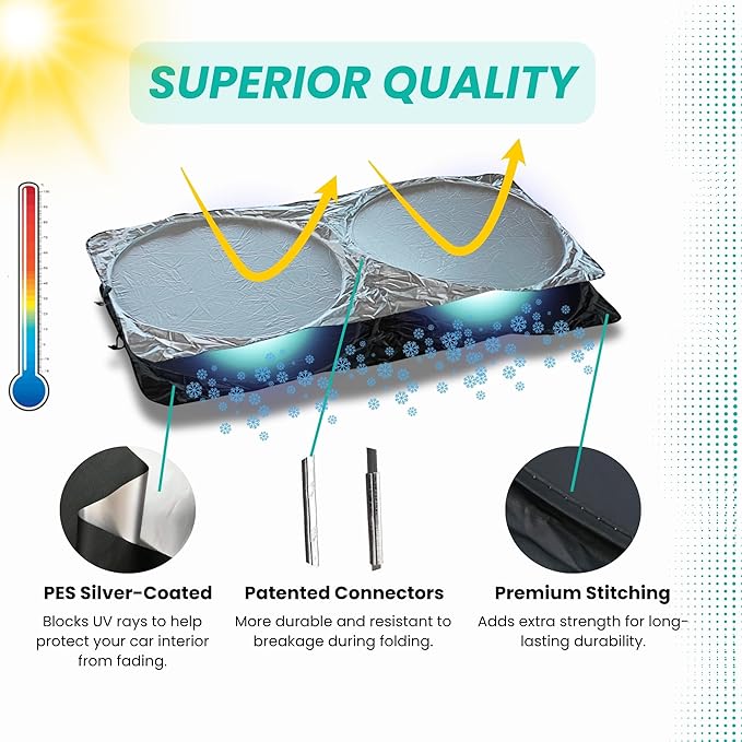 Windshield Sun Shade -Certified 99.87% UVB & 99.02% UVA Car Sun Shade. Award Winning Sunshade - Patented Technology | Compatible for Volkswagen Atlas (2018-2025) | Car Shades by Kinder Fluff