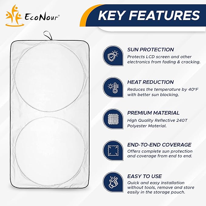 EcoNour RV Windshield Sunshade | Reflective RV Windshield Cover for UV Rays & Heat Protection, Keeps Your RV Motorhome Cool | Shades for RV Fits RVs, Trucks, Motorhomes, Buses | XXXXX-Large 102"x51"