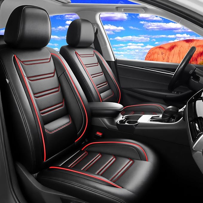 Fit Accord Car Seat Covers for Select Honda Accord 2012-2026 - Premium Full Coverage Leather, Airbag Compatible, Waterproof & All Weather Seat Cushion Protector, Full Set, Black with Red Trim