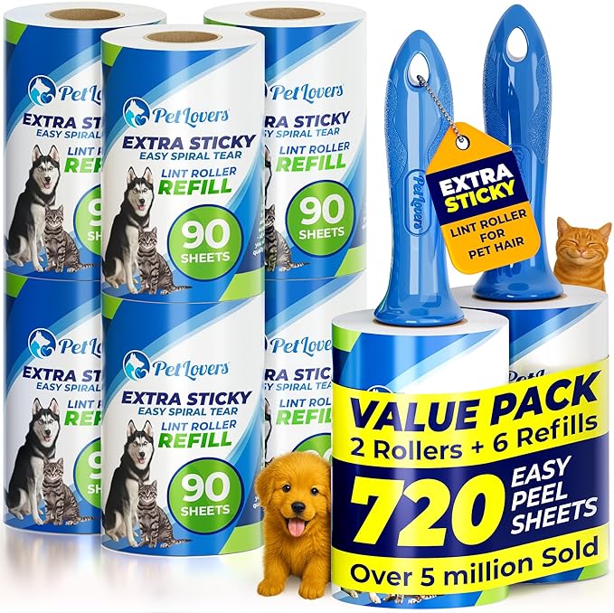 PetLovers Extra Sticky Lint Roller Mega Value Set 720 Sheets for Pet Hair Removal and Clothes, Dog and Cat Lint Remover, 8 Pack