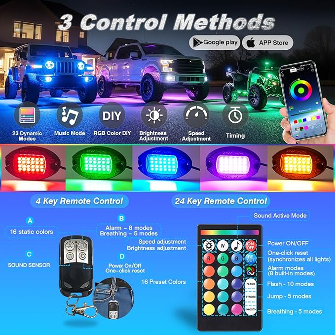 12Pods Heavy Duty Aluminum RGB LED Rock Lights for Trucks Pickup Jeep UTV ATV SXS Off-Road with APP/RF Remote, Segmented IP67 Waterproof Multicolor Underglow Accent Light 12V Plug and Play&Pre Wired