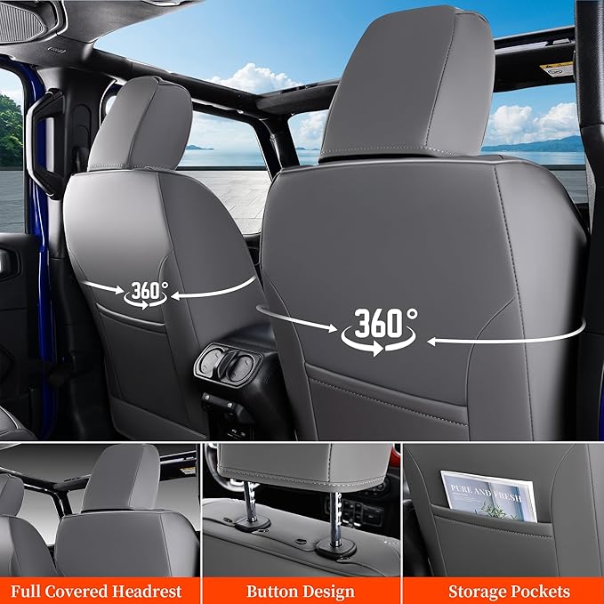 Coverado JK Seat Covers for Jeep Wrangler, Leather Front Seat Covers for Automotive Truck Wrangler Seat Covers Custom Fit for 2008-2012 Jeep Wrangler 2-Door/4-Door, Full Coverage Seat Cushion(Gray)