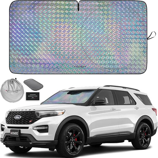 Autoamerics 1-Piece Windshield Sun Shade - Holographic Print Foldable Car Front Window Sunshade for Cars SUV Truck - Heat Blocker Visor Protector Blocks Max UV Rays and Keeps Your Vehicle Cool Medium