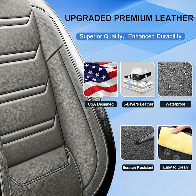 Fit Mazda 3 Car Seat Covers for Select Mazda 3 2010-2019 - Full Coverage Leather, Airbag Compatible, Waterproof & All Weather Seat Cushion Protector, Full Set, Black+Gray