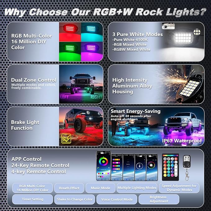 12Pods Heavy Duty Aluminum RGBW LED Rock Lights Kit for Trucks Pickup Jeep UTV ATV SXS Off-Road, APP/RF Remote, Plug and Play&Pre Wired IP67 Waterproof Multicolor Dual Zone 12V Underglow Accent Lights