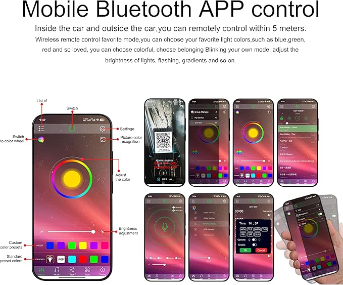 Car Ambient Lighting Kit 64 Colors Multicoloured Music Footwell Lighting APP Control Car DIY Decorative Atmosphere Lighting DC 12V 1W