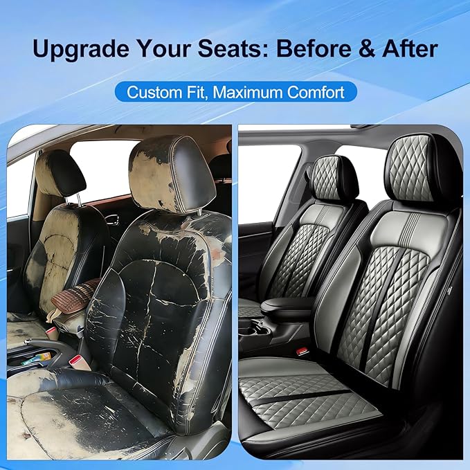 Fit Accord Car Seat Covers for Select Honda Accord 2012-2026, Luxury Full Coverage Leather, Airbag Compatible, Waterproof & All Weather Seat Protector, Front Pair Black+Gray