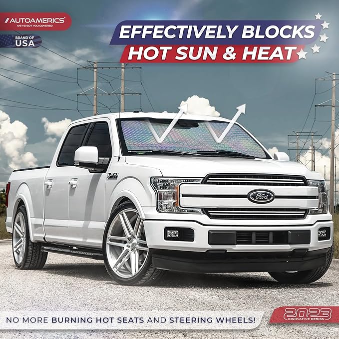 Autoamerics 1-Piece Windshield Sun Shade - Holographic Print Foldable Car Front Window Sunshade for Cars SUV Truck - Heat Blocker Visor Protector Blocks Max UV Rays and Keeps Your Vehicle Cool - Small