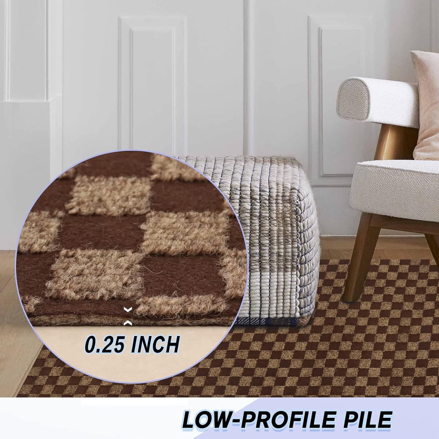 Custom Size Backed Non-Slip Area Rugs Runner, Easy Clean, Waterproof Runner Rugs for Hallway Entryway, Kitchen, Laundry, 4FT x 51FT, Brown Checkered