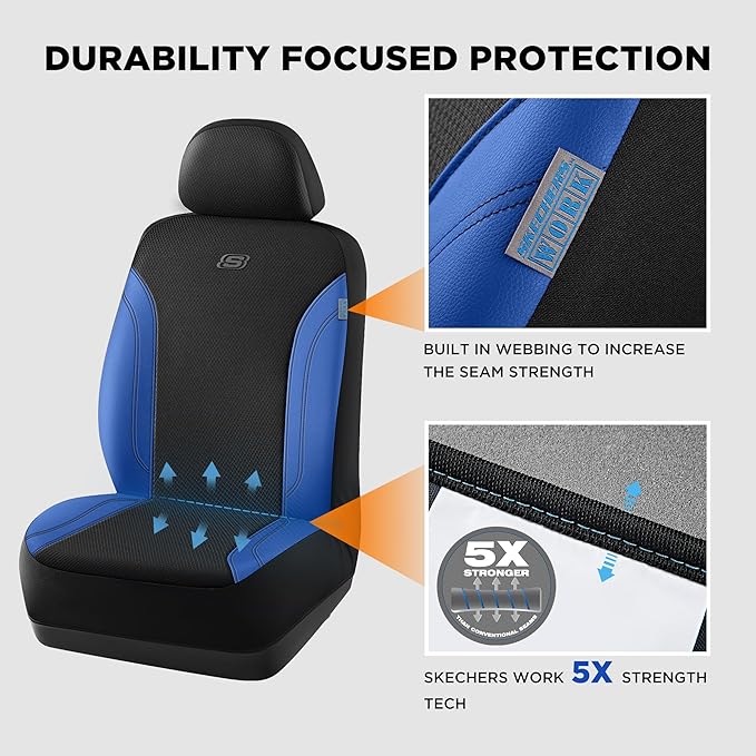 Skechers Car Seat Covers, Work Leather Seat Covers 5-Times Stronger Built-in Webbing, Oxford Fabric Front Seat Cover, Airbag Compatible, Automotive Comfort for Cars, Trucks, SUVs,Bule