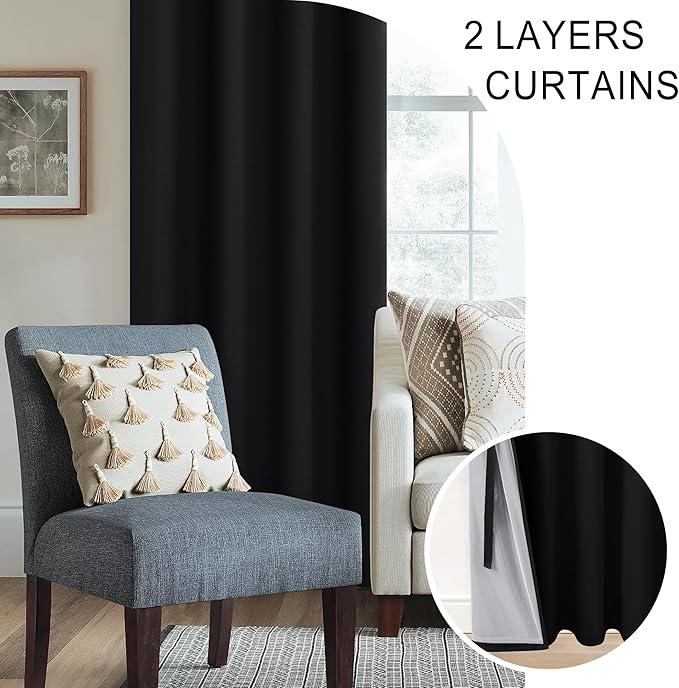 XWZO 100% Blackout Curtains 95 Inches Long with Tiebacks- Privacy Protection & Noise Blocking Window Draperies Grommet Top with Black Liner for Bedroom/Living Room, Black, W52 x L95, Set of 2