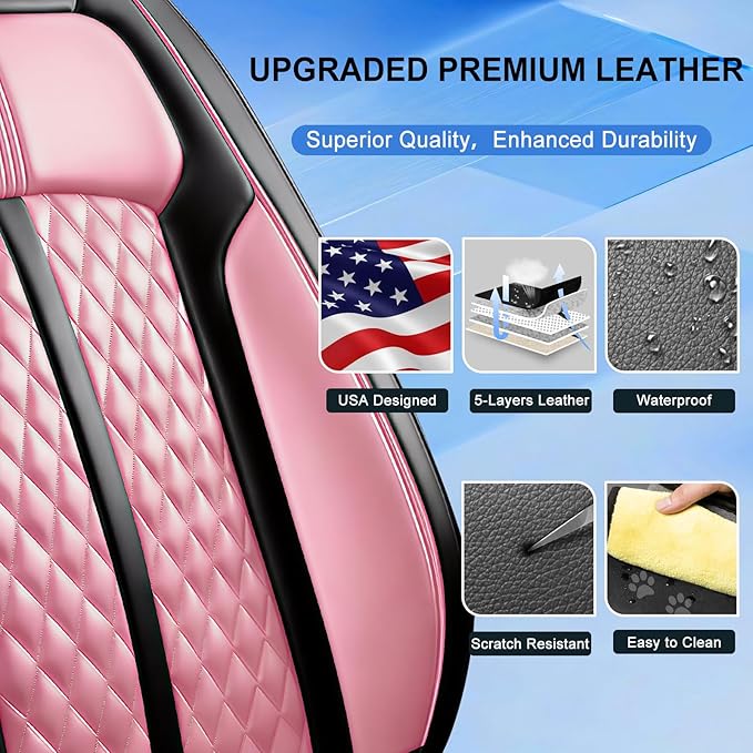 Fit Accord Car Seat Covers for Select Honda Accord 2012-2026 - Premium Full Coverage Leather, Airbag Compatible, Waterproof & All Weather Seat Protector, Front Pair Black+Pink