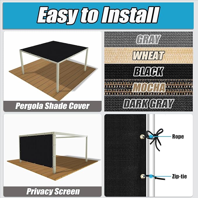 Amagenix 90% Shade Fabric 5'X 11' Black Sun Shade Cloth with Grommets for Pergola Replacement Shade Cover Canopy, Heavy Duty, Cable Zip Ties Included (We Customized)