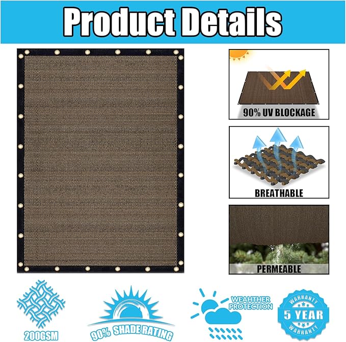 Amagenix 90% Shade Fabric 7'X 22' Mocha Sun Shade Cloth with Grommets for Pergola Replacement Shade Cover Canopy, Heavy Duty, Cable Zip Ties Included (We Customized)