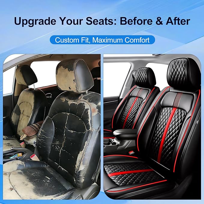 Fit Civic Car Seat Covers (Front Pair) for Select Honda Civic 2020-2026 Sedan (Not for Coupe), Full Coverage Leather, Waterproof All-Weather Breathable Seat Cushion Protector, Black & Red Trim