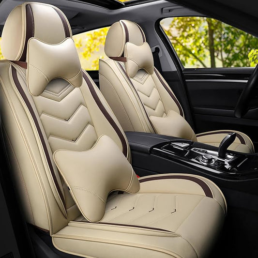 Car Seat Covers Fit for Toyota rav4 2000-2026, Stylish Sport Seat Covers, Waterproof Wear-Resistant Premium Nappa Leather Car Seat Cover.(2 Pcs Front with Pillow/Beige)