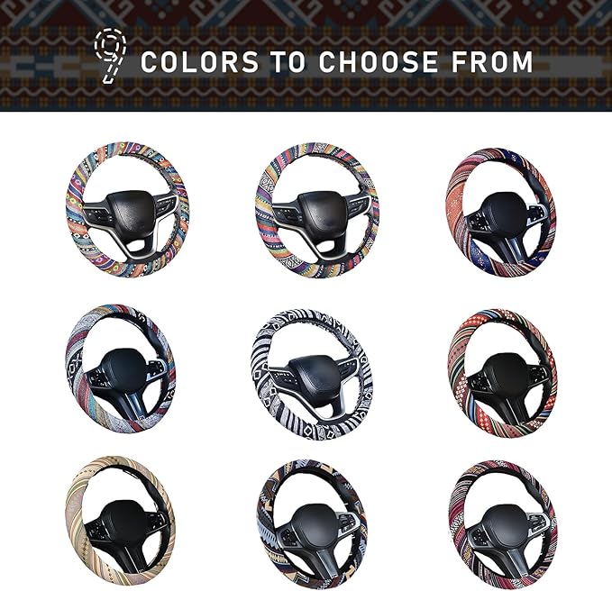 Boho Steering Wheel Cover, 15.0"×15.0" Anti-Slip Baja Blanket Ethnic Steering Wheel Protector, Breathable Flax Cloth Elastic Bohemian Steering Wheel Cover, Car Accessories (Style E)