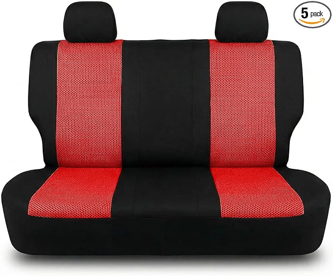FH Group Automotive Rear Car Seat Covers for SUV, Trucks, Sedan and More - Universal Fit Front High Back & Rear Solid Bench Design Interior Accessories - 3D Mesh Fabric Center Panel - Red