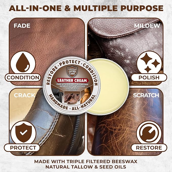 European Leather Care 8 oz Cream Leather Cleaner and Conditioner All Natural Leather Boots Leather Maintenance Cream Leather Conditioner Shoe Polish, Leather Couch, Furniture, Purses, Car, Saddle USA