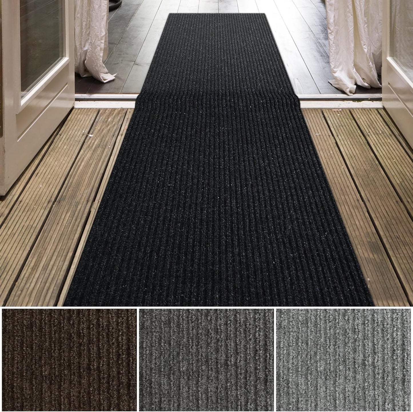 iCustomRug Spartan Weather Warrior Indoor/Outdoor Utility Ribbed Carpet Runner with Non-Slip Thermoplastic Rubber Backing, 28in X 58ft in Black
