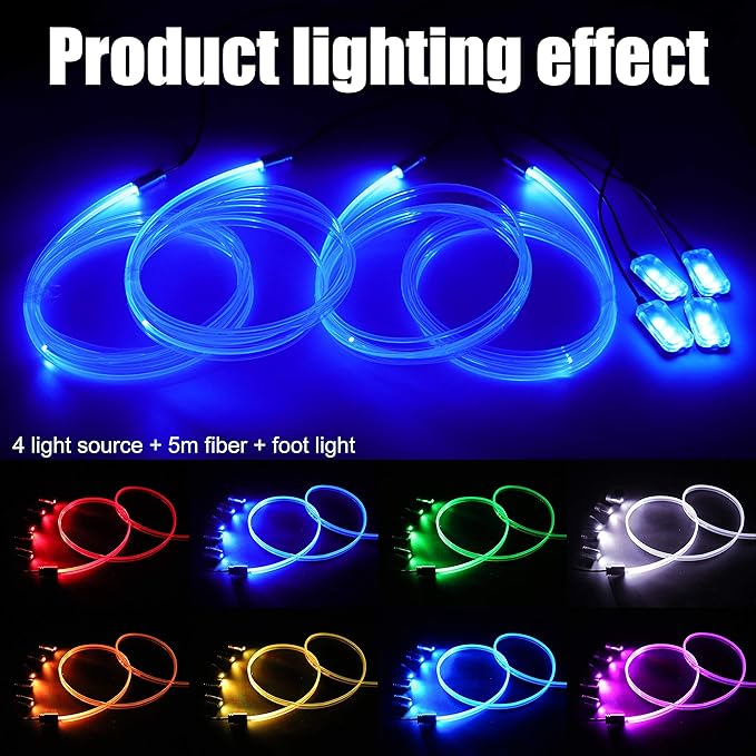 Car Atmosphere Light Kit 5m Fiber Optic RGB Multicolor Sound Active Music Sync Memory Function Bluetooth APP Control 64 Colors USB Car Interior Footwell Ambient Lighting Kit DC 12V