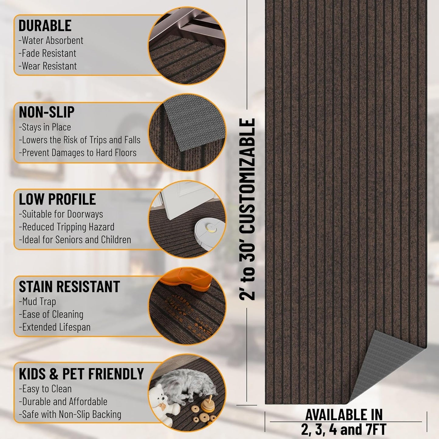 Ottomanson 2' x 10' Hallway Runner with Scraper Pile Extra Durable Non-Slip Rug Mat for Indoor & Outdoor Use - Ideal for Kitchen, Entryway, Patio & Garage - High-Traffic Carpet, Brown