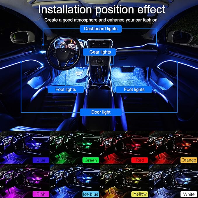 Car Interior Strip Lights, 4 in 1 Multicolor RGB Car Ambient Lighting Kit, 4m Fiber Optic EL Neon Tube Light, DIY Mode Music Sync RF Remote Control DC 12V