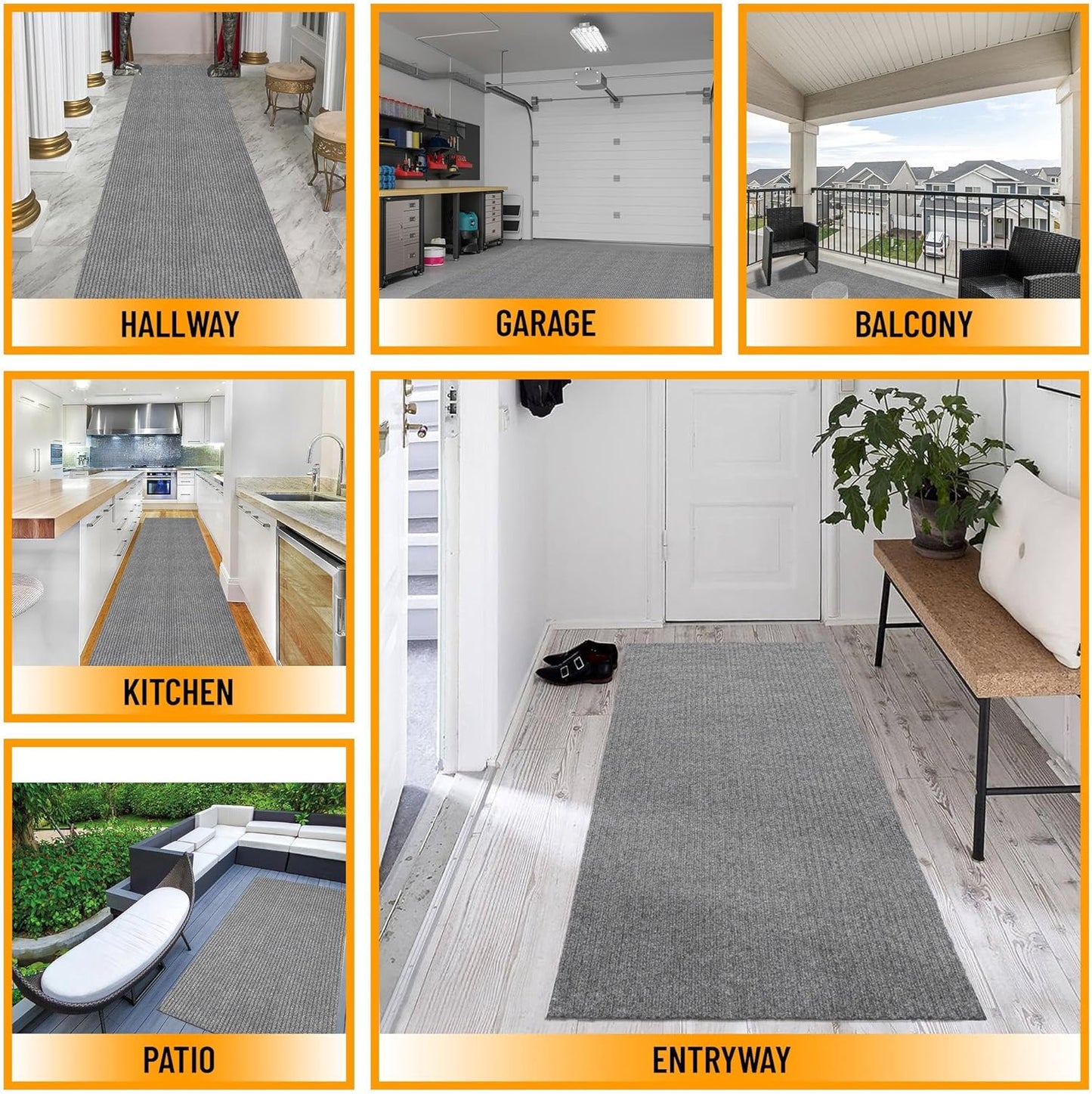 Ottomanson 2' x 12' Hallway Runner with Scraper Pile Extra Durable Non-Slip Rug Mat for Indoor & Outdoor Use - Ideal for Kitchen, Entryway, Patio & Garage - High-Traffic Carpet, Gray