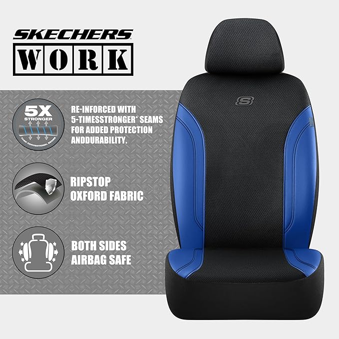 Skechers Car Seat Covers, Work Leather Seat Covers 5-Times Stronger Built-in Webbing, Oxford Fabric Front Seat Cover, Airbag Compatible, Automotive Comfort for Cars, Trucks, SUVs,Bule