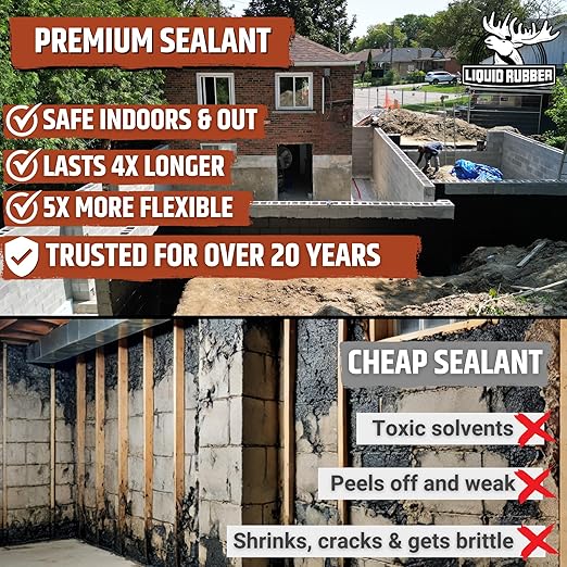 Liquid Rubber Basement and Foundation Repair Sealant - Waterproof Concrete Sealer & Crack Filler - Flexible Coating for Indoor & Outdoor Use - Waterproofing Paint - Black, 1 Gallon