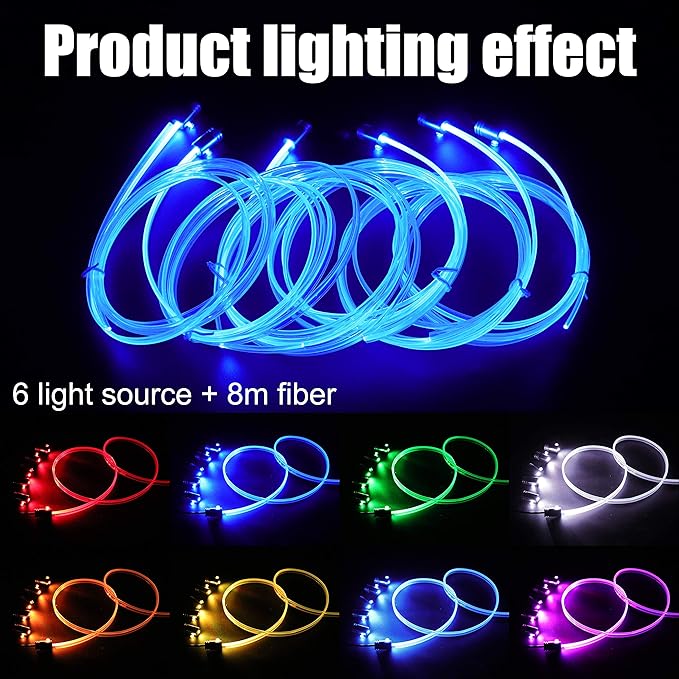 Car Ambient Lighting Optic Fiber 64 Colors Music Sound Active with RF Remote Control + APP Control Car Decorative Atmosphere Lighting Kit DC 12V 1W 8m