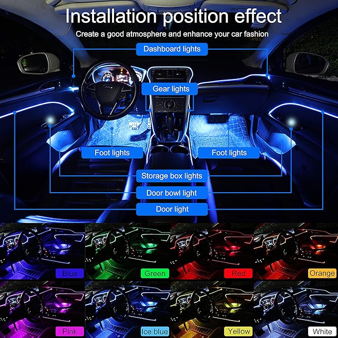 64 Colors Car Ambient Lighting Fiber Optic APP Control Multicoloured Music Car Atmosphere Decorative Lighting Kit 1W DC 12V-24V 3m