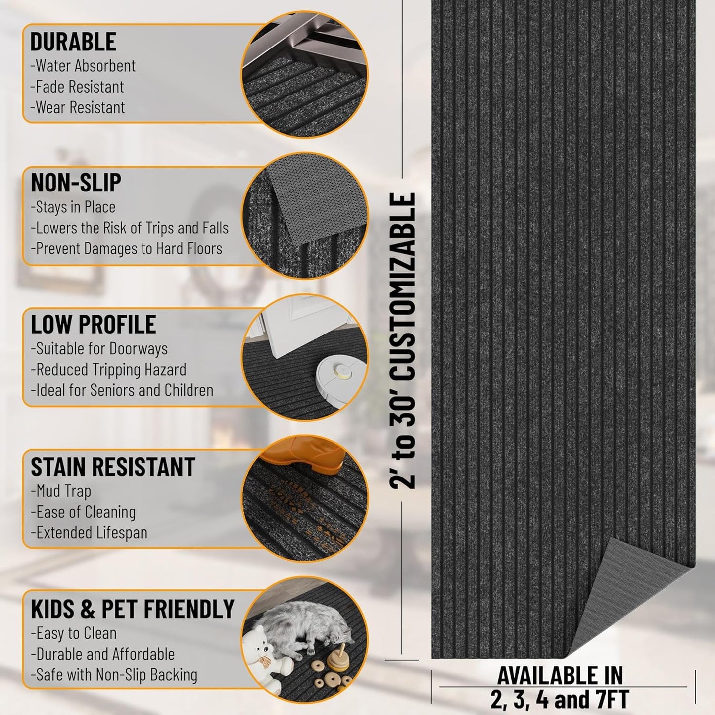 Ottomanson 2' x 36' Hallway Runner with Scraper Pile Extra Durable Non-Slip Rug Mat for Indoor & Outdoor Use - Ideal for Kitchen, Entryway, Patio & Garage - High-Traffic Carpet, Black