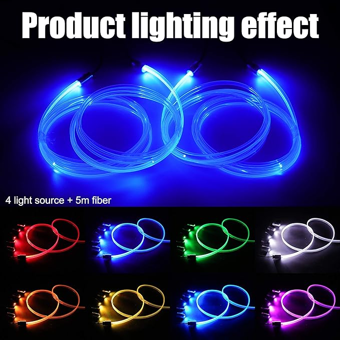Car Interior Strip Lights, 4 in 1 Multicolor RGB Car Ambient Lighting Kit, 5m Fiber Optic EL Neon Tube Light, DIY Mode Music Sync RF Remote Control DC 12V