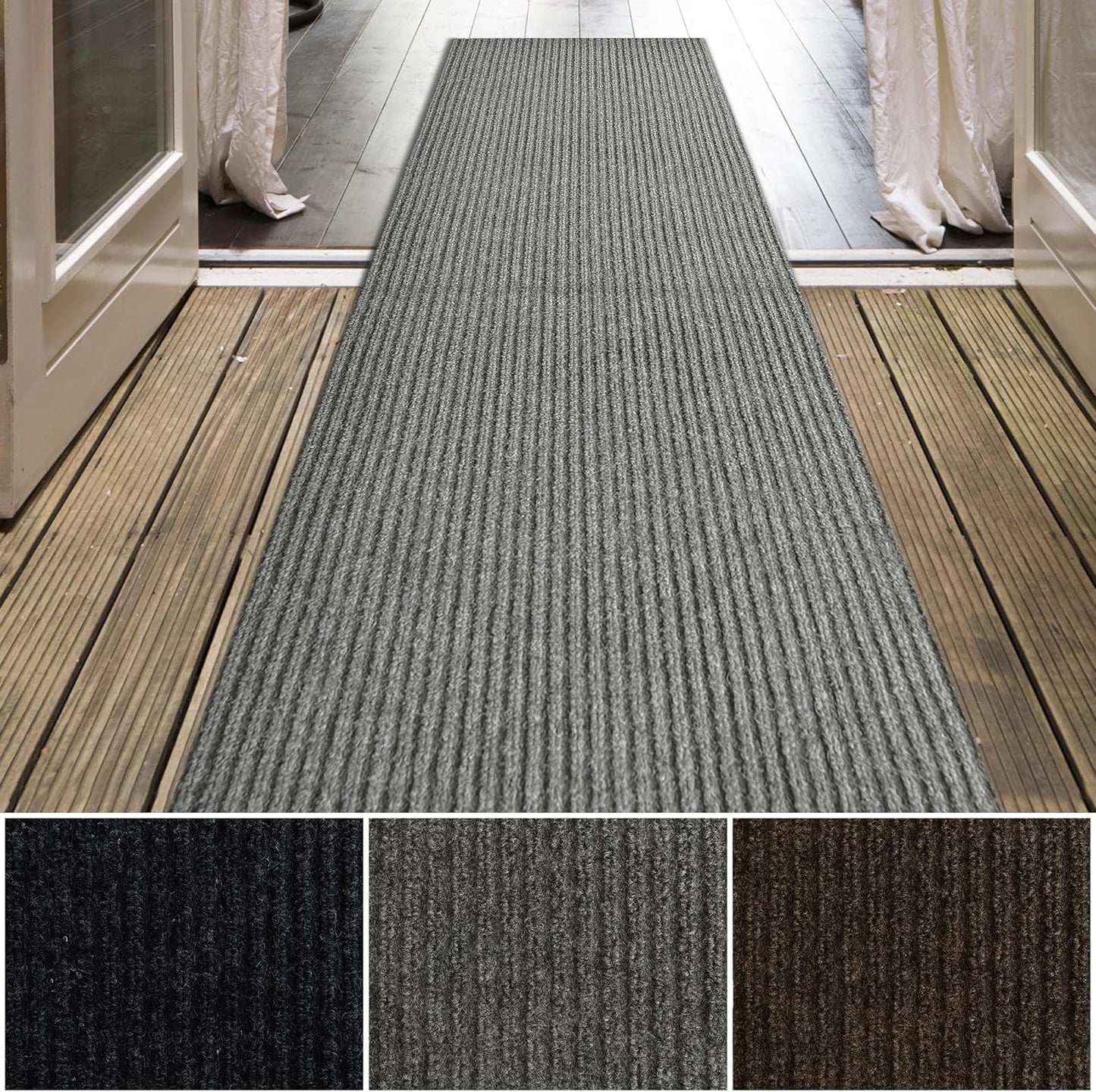 iCustomRug Spartan Weather Warrior Indoor/Outdoor Utility Ribbed Carpet Runner with Non-Slip Thermoplastic Rubber Backing, 3ft X 36ft in Grey