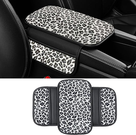 Dotesy Cheetah Print Car Center Console Cover,Microfiber Leather Car Armrest Pad Cushion with 2 Storage Bags,Universal Car Armrest Storage Box Car Interior Accessories for Most Vehicles White Leapord