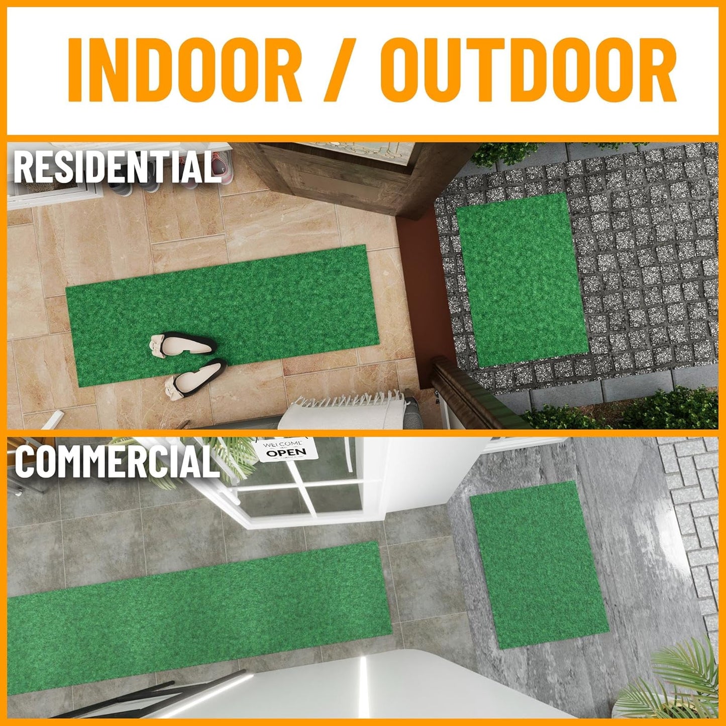 Ottomanson 2'7" x 20' Hallway Runner with Scraper Pile - Extra Durable Non-Slip Rug Mat for Indoor & Outdoor Use - Ideal for Kitchen, Entryway & Garage - High-Traffic Carpet, Green