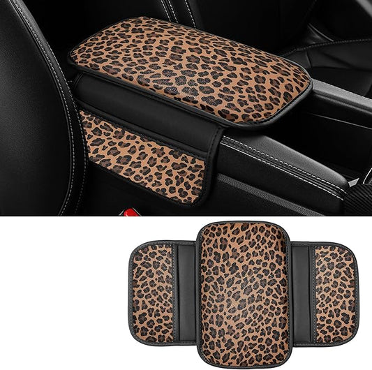 Dotesy Brown Cheetah Print Car Center Console Cover,Microfiber Leather Car Armrest Pad Cushion with 2 Storage Bags,Universal Car Armrest Storage Box Car Interior Accessories for Most Vehicles