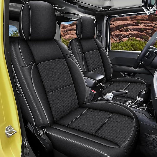 Custom Fit Seat Covers for Jeep Wrangler 4 Door JL: Unlimited Sahara Rubicon 392 Freedom Altitude Islande 2018 2019 2020 2021 2022 2023 2024 with Rear Cup Holder,Faux Leather,Black (Not for 4XE)