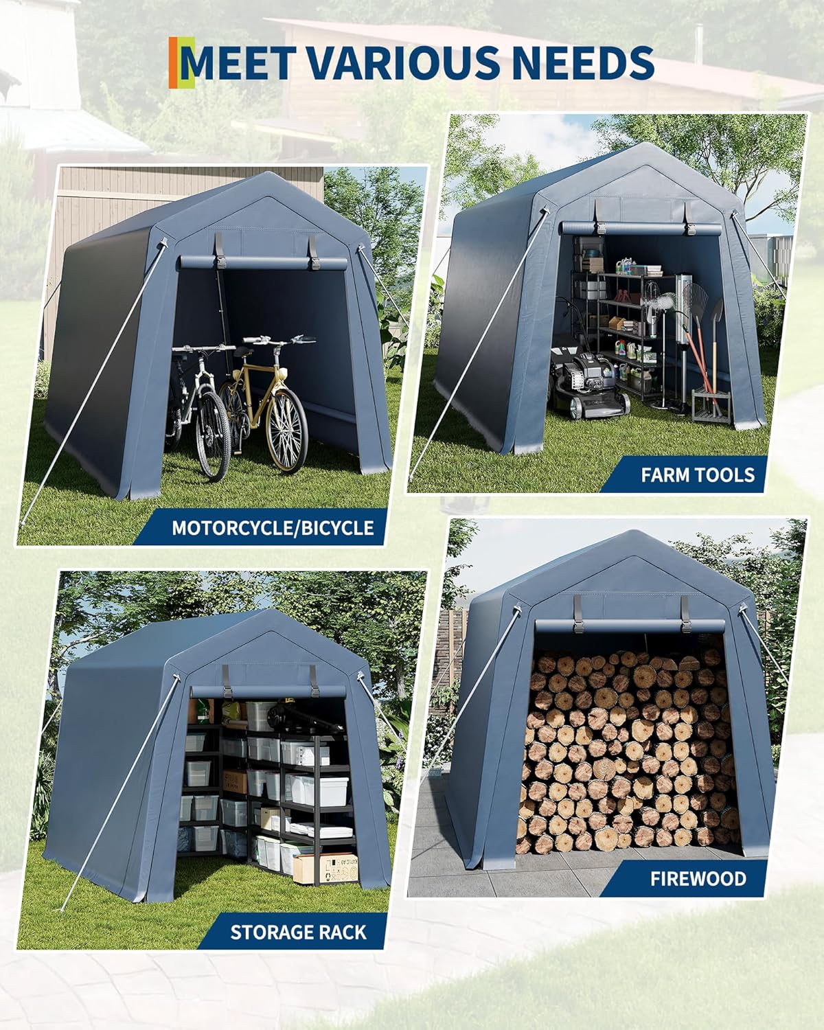 6x6 FT Outdoor Storage Shed, Portable Carport with Roll-up Ventilated Zipper Door and Windows, Heavy Duty Waterproof Tarp, Storage Sheds for Motorcycle, Bike, Firewood, Garden Tools
