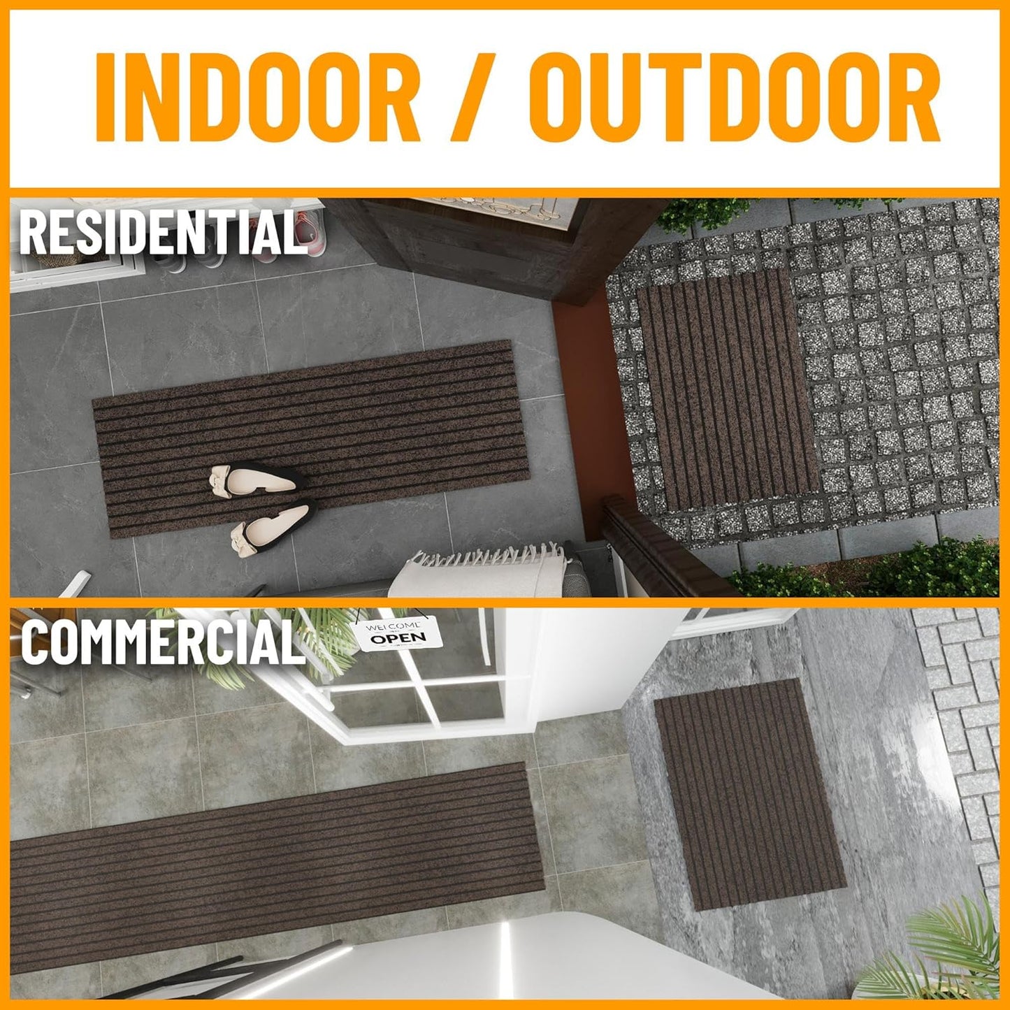 Ottomanson 2'7" x 40' Hallway Runner with Scraper Pile - Extra Durable Non-Slip Rug Mat for Indoor & Outdoor Use - Ideal for Kitchen, Entryway & Garage - High-Traffic Carpet, Brown