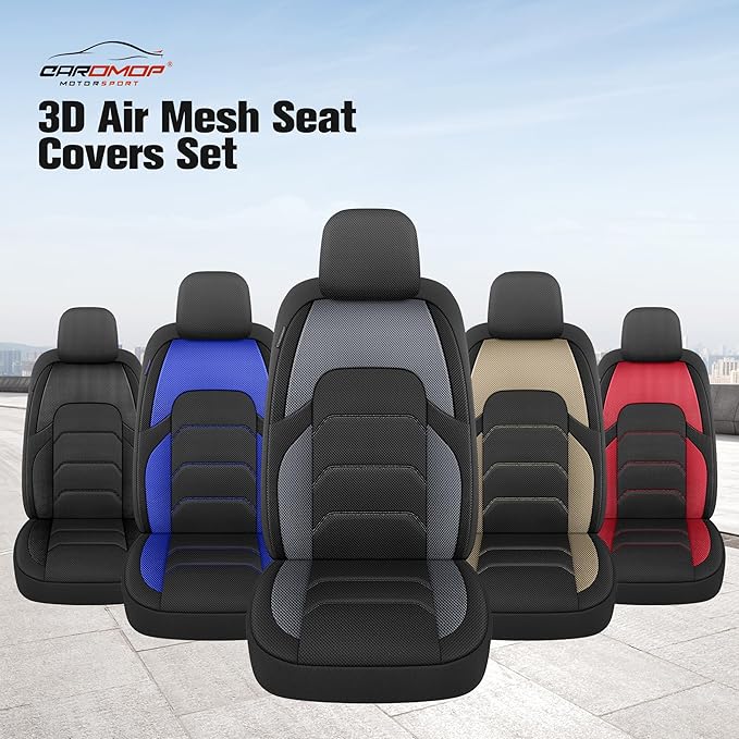 CAROMOP 3D Air Mesh Car Seat Covers Full Set,Breathable and Durable Seat Covers for Cars,Split Bench Compatible,Universal Fit for SUV,Vans,sedans, Trucks, Automotive Interior Covers(5-Seat Black/Grey)