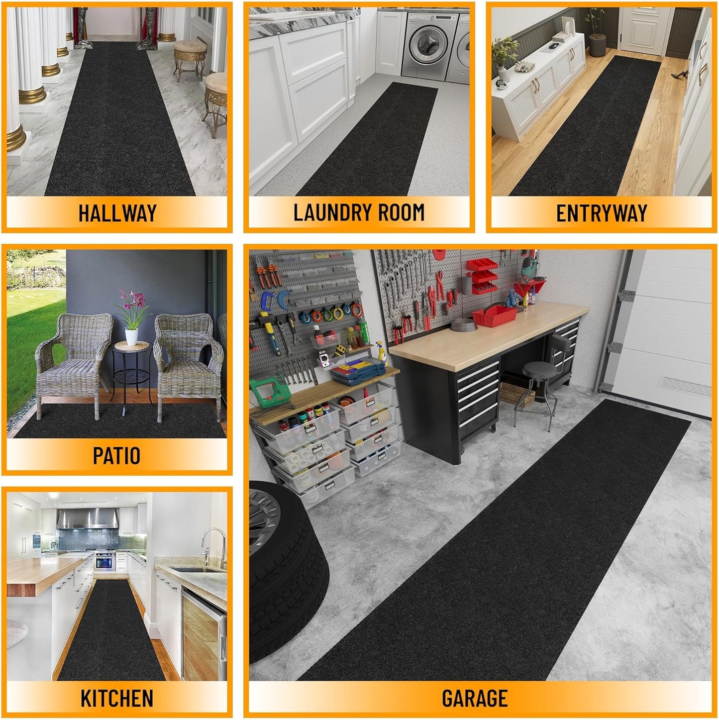 Ottomanson 2' x 54' Hallway Runner with Scraper Pile Extra Durable Non-Slip Rug Mat for Indoor & Outdoor Use - Ideal for Kitchen, Entryway, Patio & Garage - High-Traffic Carpet, Black