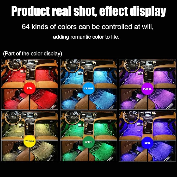 Car Interior Ambient Lighting RGB 64 Colors Multicoloured Music Car Footwell Lighting Kit with Cigarette Lighter and App Microphone, 12V-24V