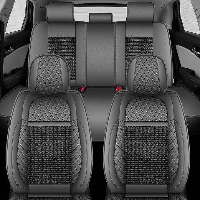TTX LIGHTING for Ford Flex 2011-2019 Car Seat Covers, Breathable Ice Silk & Leather Seat Protector, Cool & Anti-Sweat for Long Driving, Airbag Compatible, 5 Seats Full Set (Black&Gray)