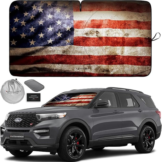 Autoamerics 1-Piece Windshield Sun Shade Grunge American Flag - 2 USA Design - Foldable Car Front Window Sunshade for Most Sedans SUV Truck - Blocks Max UV Rays and Keeps Your Vehicle Cool - Medium